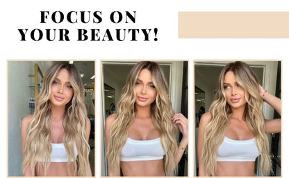 Synthetic Long Lace Wig Matte Silk Ombre Platinum Blonde Wavy Wig for Women 26 Inch Curly Middle Part Extension for Daily