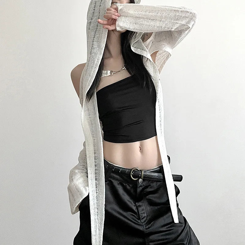 Goth Dark Open Shoulder Techwear Y2k Crop Cardigans Mall Gothic Hooded Sexy Women Crop Tops Punk Grunge Buckle Streetwear Shirts