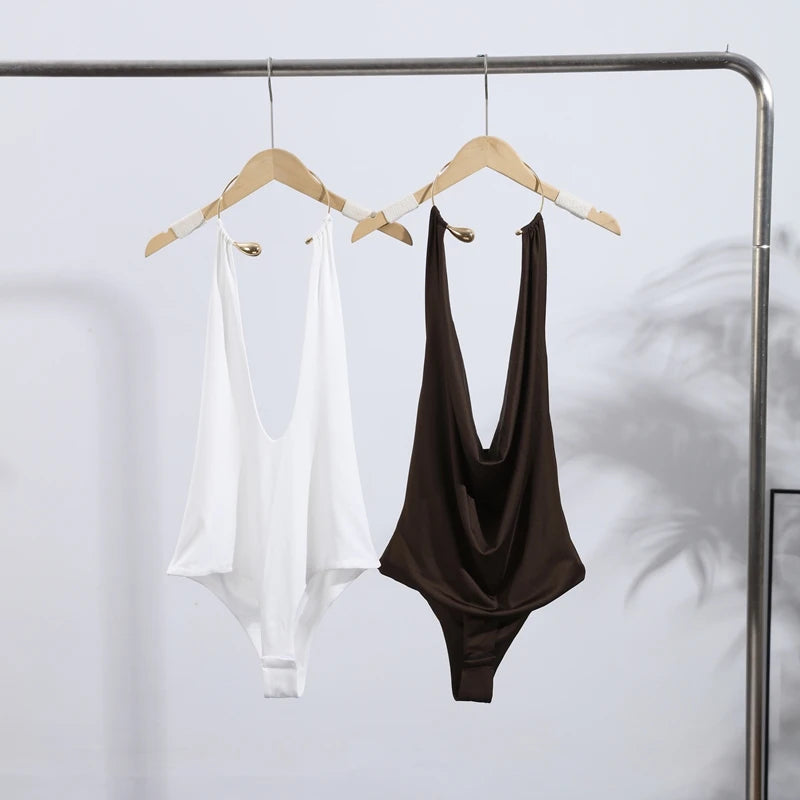 Sexy Metal Halter Deep V-neck Jumpsuits Women High Street Backless Sleeveless Short Bodysuit 2025 Summer New Lady Slim Clubwear