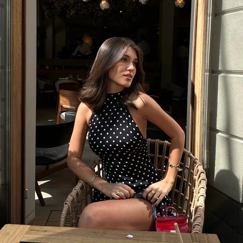 Candyhot Polka Dot Elegant Off Shoulder Sleeveless Backless High Waist Halter Mini Dress Y2K Summer Fashion Club Party Vestidos