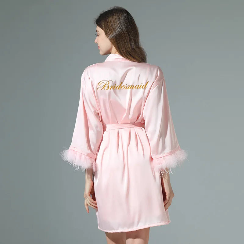 Kimono Bride Bridesmaid Robe Loungewear Wedding Bathrobe Gown Feather Women Embroidery Letter Sleepwear Short Satin Nightgown Pink Bridesmaid