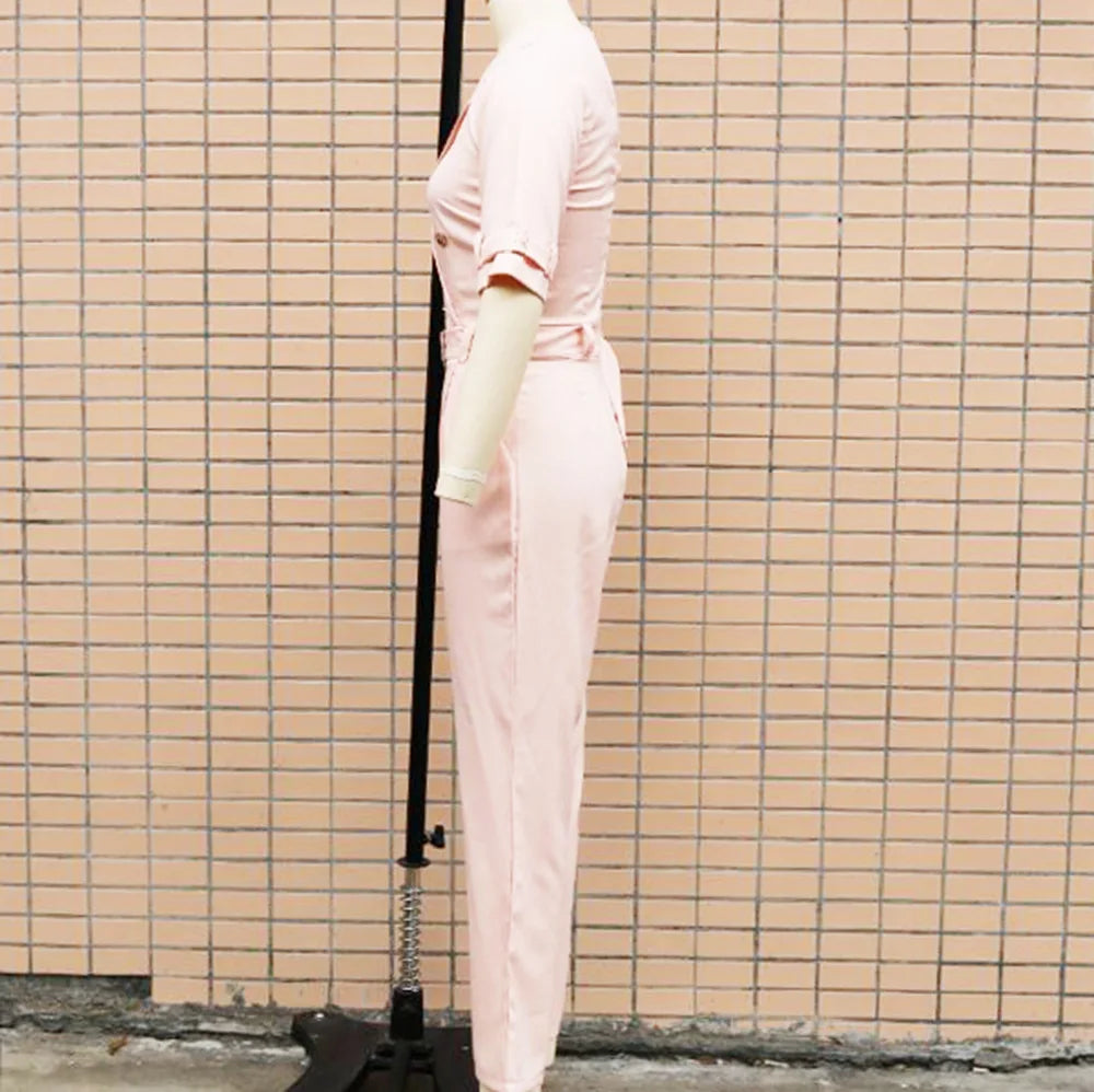 Women Suit Short Sleeve Jumpsuit Slim Fit Fashion Office Lady Spring Summer Elegant Solid Button Sexy High Waist Jumpsuits