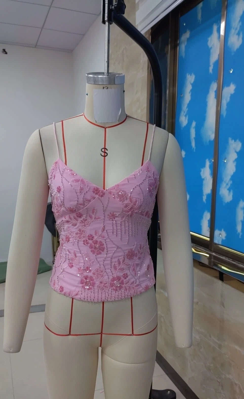 Combhasaki Women Summer Sleeveless Beading Camis Top V-neck Tie-up Cross Backless Pearl Glitter Sequin Flower Embroideried Vest