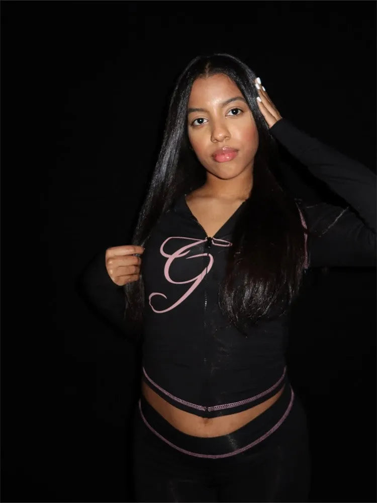 2025 Spring Fashion New Casual Women's Sets Long Sleeve Zipper Hoodie Tops and Pants Streetwear White Two 2 Piece Set Outfits black