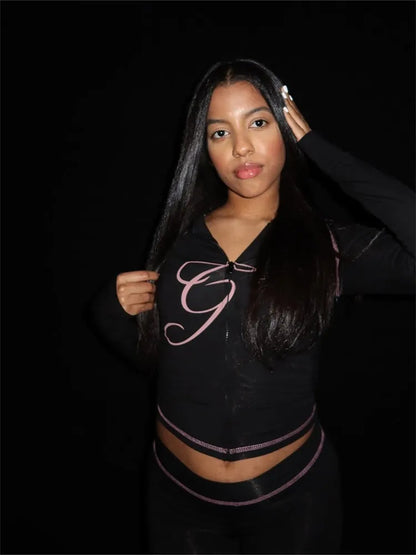 2025 Spring Fashion New Casual Women's Sets Long Sleeve Zipper Hoodie Tops and Pants Streetwear White Two 2 Piece Set Outfits black