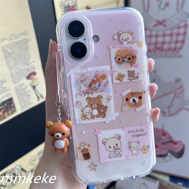 Lovely Rilakkuma Family Portrait Cartoon Pink Phone Case For iPhone 16 15 14 13 12 11 Pro Max PLUS Y2K Kawaii Shockproof Cover Badiee Stylez