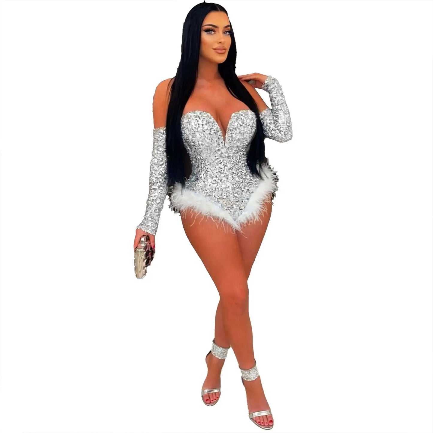 Women's Elegant Sequined Feather Slim Patchwork Bodysuits Spring Summer New Sexy Bodysuits Women Long Sleeve Backless Bodysuits