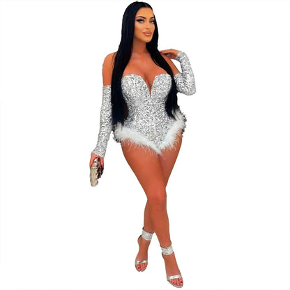 Women's Elegant Sequined Feather Slim Patchwork Bodysuits Spring Summer New Sexy Bodysuits Women Long Sleeve Backless Bodysuits