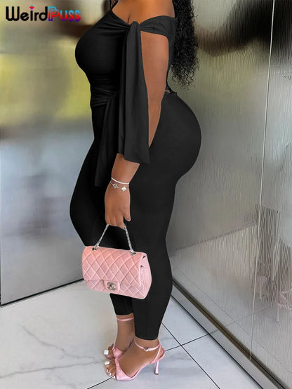 Weird Puss Chic Elegant 2 Piece Set Women Tracksuit Skew Collar Ribbon Tank Tsop+Leggings Casual Skinny Stretch Matching Outfits