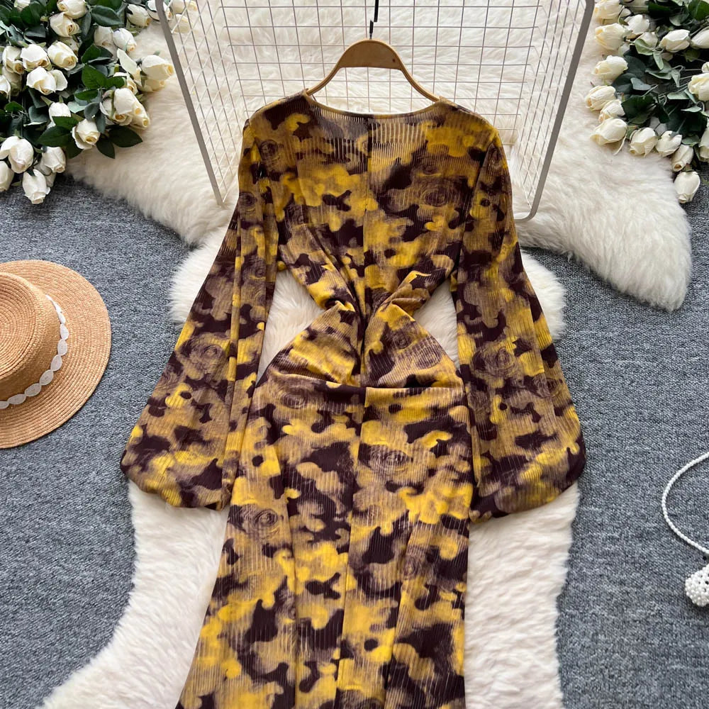 Chic vintage long sleeve Criss-Cross print pleated Elegant Fairy korean fashion dress women clothing Long dress