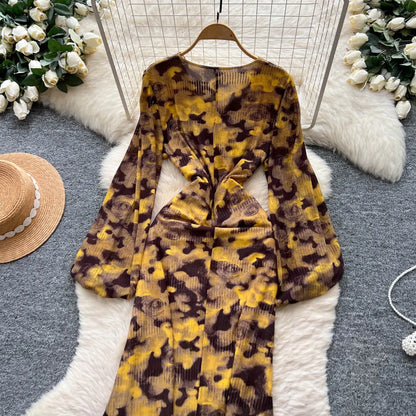 Chic vintage long sleeve Criss-Cross print pleated Elegant Fairy korean fashion dress women clothing Long dress