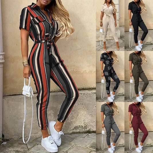 Women's Monochrome Jumpsuit 2024 Spring/Summer Comfortable Casual Flip Collar Printed Belt Work Dress Women's Jumpsuit