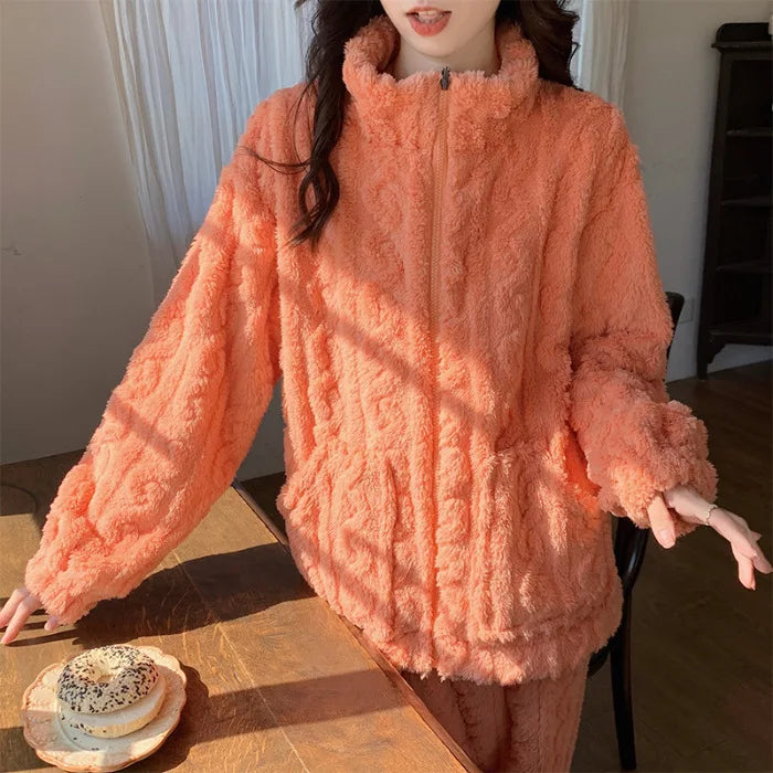 Large Size Flannel Pajamas Set Autumn Winter Female Sleepwear Trouser Suit Thicken Coral Fleece High Collar Lounge Wear Homewear Orange Pajamas Set
