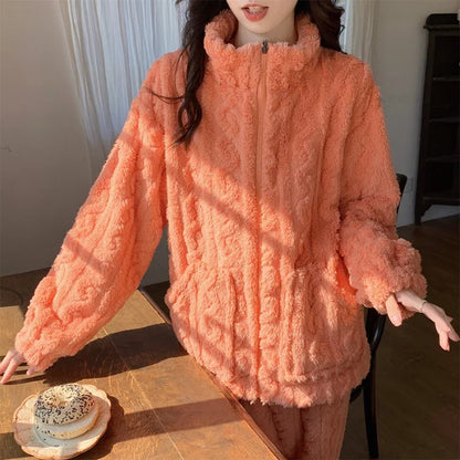 Large Size Flannel Pajamas Set Autumn Winter Female Sleepwear Trouser Suit Thicken Coral Fleece High Collar Lounge Wear Homewear Orange Pajamas Set