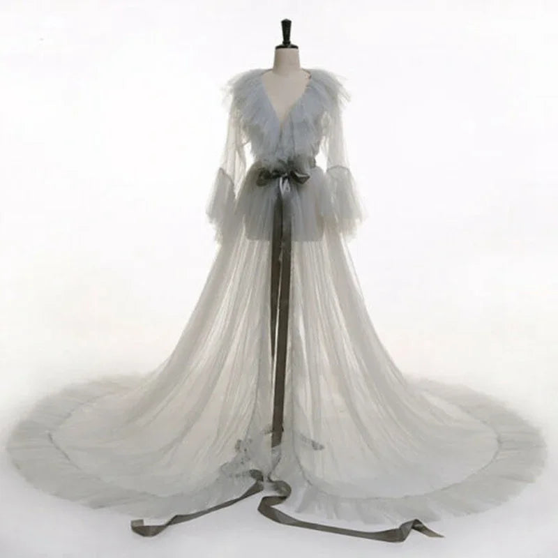 Combhasaki Women Lingerie Lace Sheer Mesh Tulle Perspective V neck layered Ruffle Maxi Floor Long Bath Robe Gown Sleepwear Dress C One Size