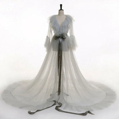 Combhasaki Women Lingerie Lace Sheer Mesh Tulle Perspective V neck layered Ruffle Maxi Floor Long Bath Robe Gown Sleepwear Dress C One Size