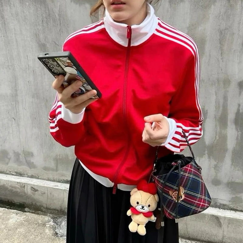 Women Sporty Zip Up Side Striped Jacket Autumn Casual Mock Neck Motorcycle Coats Tops Teen Girls Fashion Long Sleeve Sweatshirts