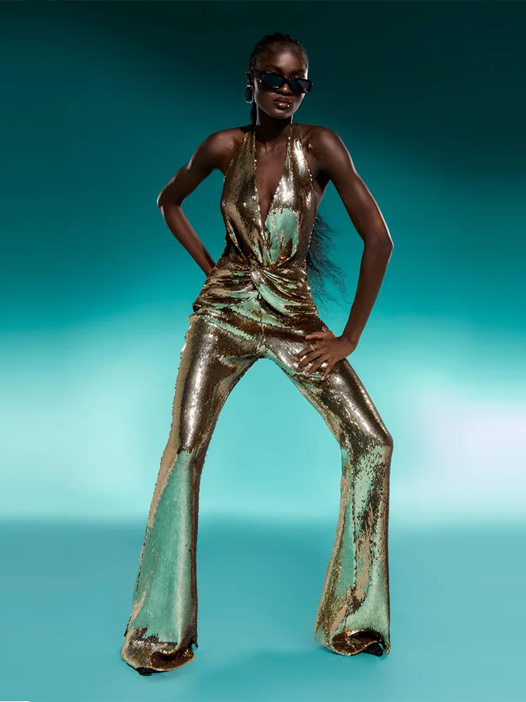 Women's Sleeveless Gold Sequin Jumpsuit Sexy V Neck Sparkle Sequined High Waist Wide Leg Pants Jumpsuit Celebrity Evening Party Badiee Stylez