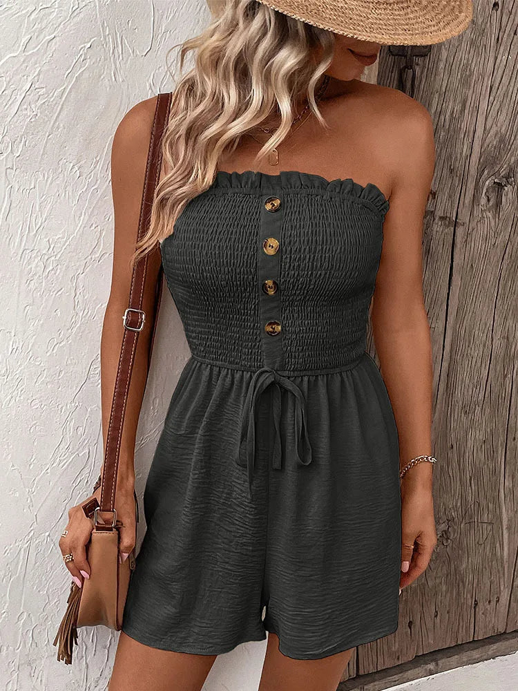 Summer Fashion Splicing Women's Solid Color Sexy Sleeveless Bra Button Tie Waist Casual Comfortable Jumpsuit Shorts 3/4