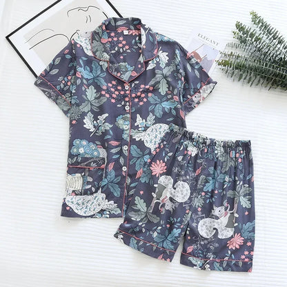 Spring and autumn ladies cute cartoon floral viscose fiber pajamas two-piece long-sleeved home service cotton summer thin shorts 03