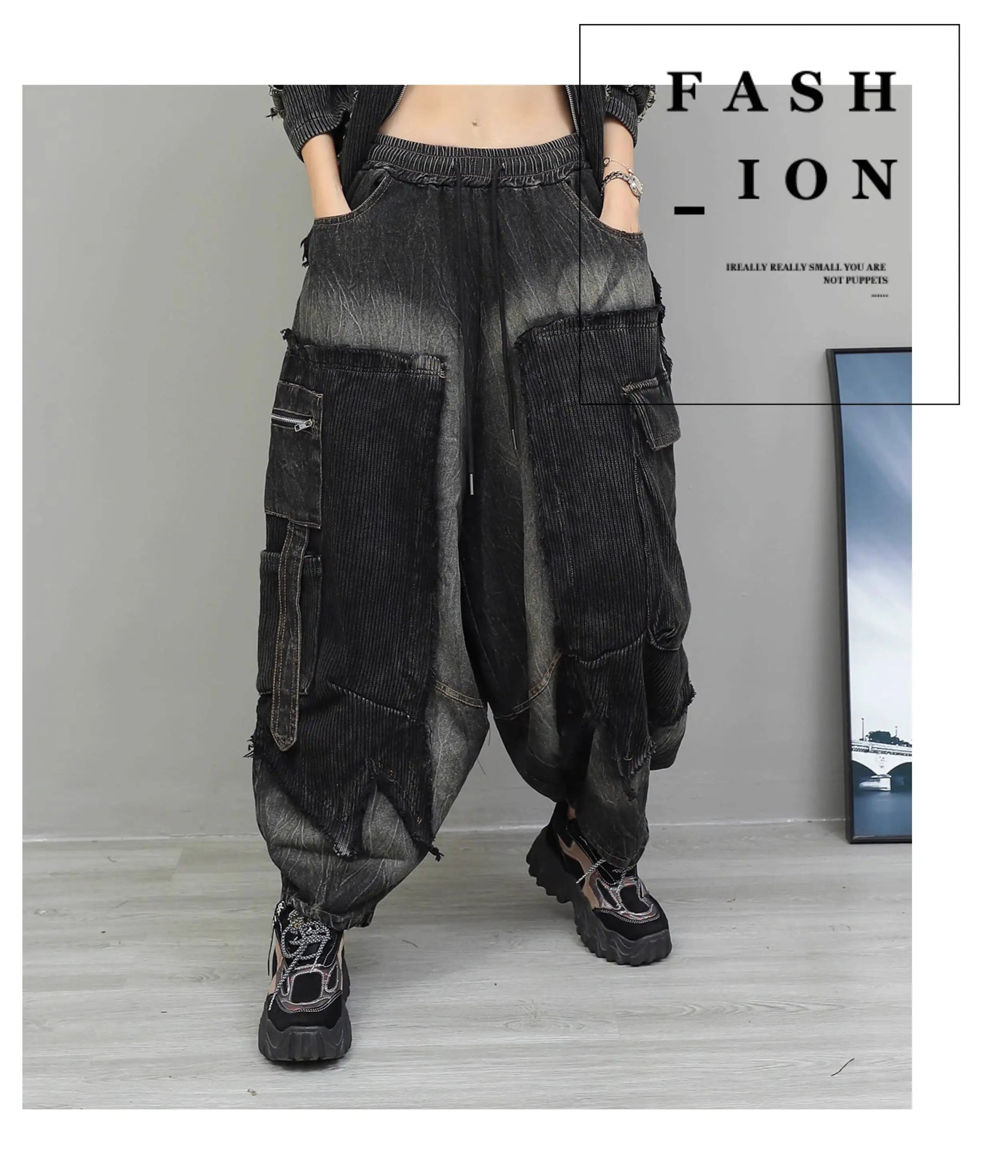 Trendy Cool Pant Set Women Autumn Vintage Denim Patchwork Long Sleeve Irregular Jacket + Harem Pants Two-Piece Set LX4331 Badiee Stylez