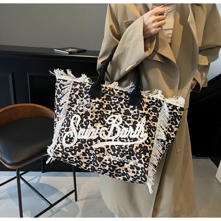 European and American Letters Tassel Canvas Bag Arge Capacity Handbags Travel Women Beach Tote Bag Fashion Casual Shopping Bags