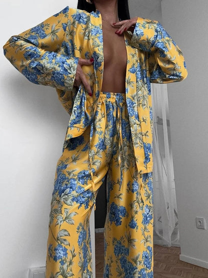 Marthaqiqi Fashion Women Nightwear Suit V-Neck Pajamas Long Sleeve Nightie Lace Up Nightgowns Pants Printing Ladies Pyjamas Set