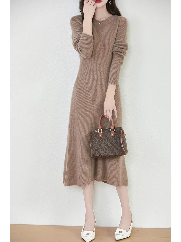 Women's Pure Wool Knitted Long Dress, Round Neck, Fishtail Skirt, Slim, Elegant, Casual, Fashionable, Sweater, 2024Autumn/Winter Badiee Stylez
