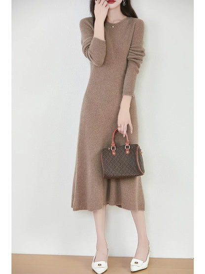 Women's Pure Wool Knitted Long Dress, Round Neck, Fishtail Skirt, Slim, Elegant, Casual, Fashionable, Sweater, 2024Autumn/Winter Badiee Stylez