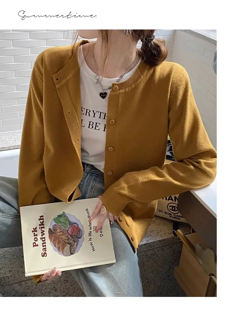 New 2025 Spring Summer Knit Cardigan O-Neck Solid Color Fashion High-Grade Comfortable Slim Casual Knitwear Tops
