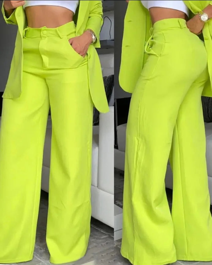 Women Pant Sets Two Piece Set Pants Turn Down Collar Single Breasted Tracksuit Outerwear Ankle Length Straight Pockets Loose