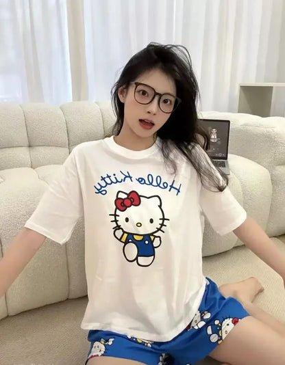 Hello Kitty Summer White & Blue Pajama Set Women's Short Sleeve Shorts with Lace Accents Soft Breathable Loungewear Home Comfort XL