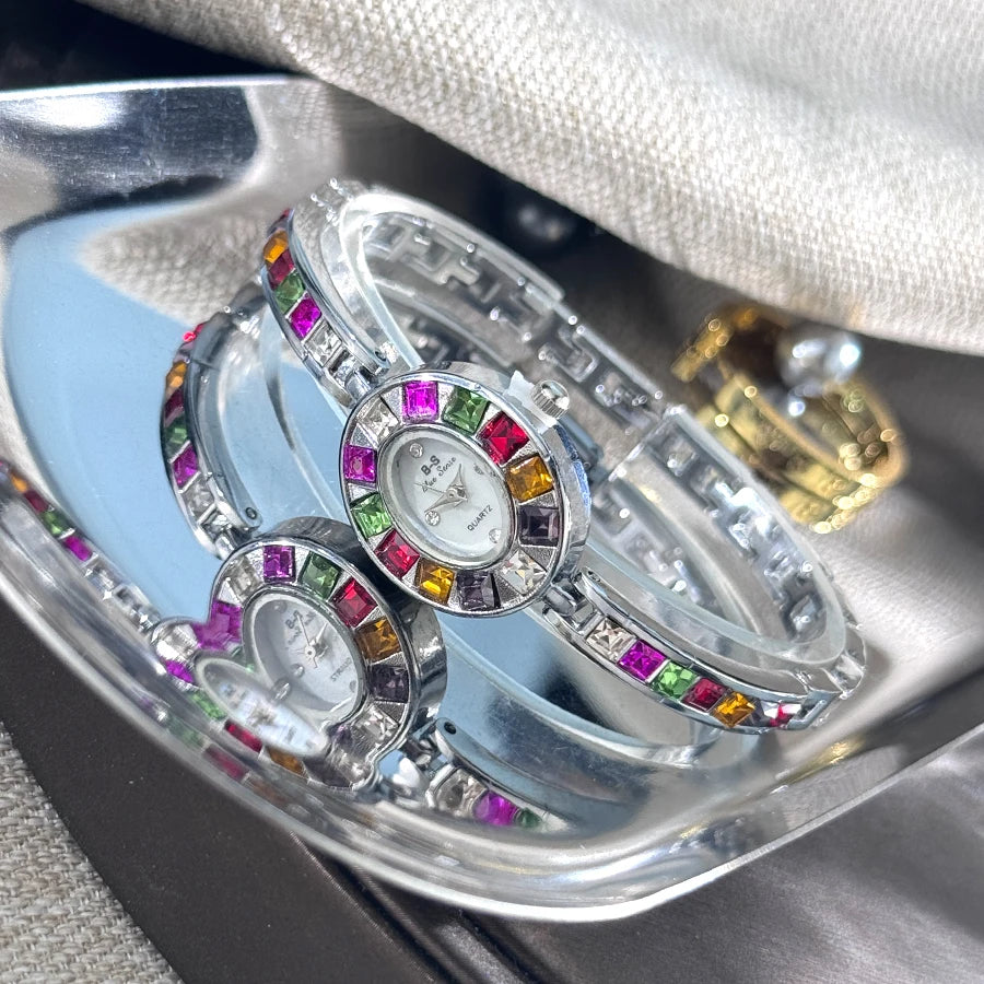 Color zircon advanced sense diamond set women's watch niche bracelet bracelet Small exquisite quartz watch cross-border hot sale