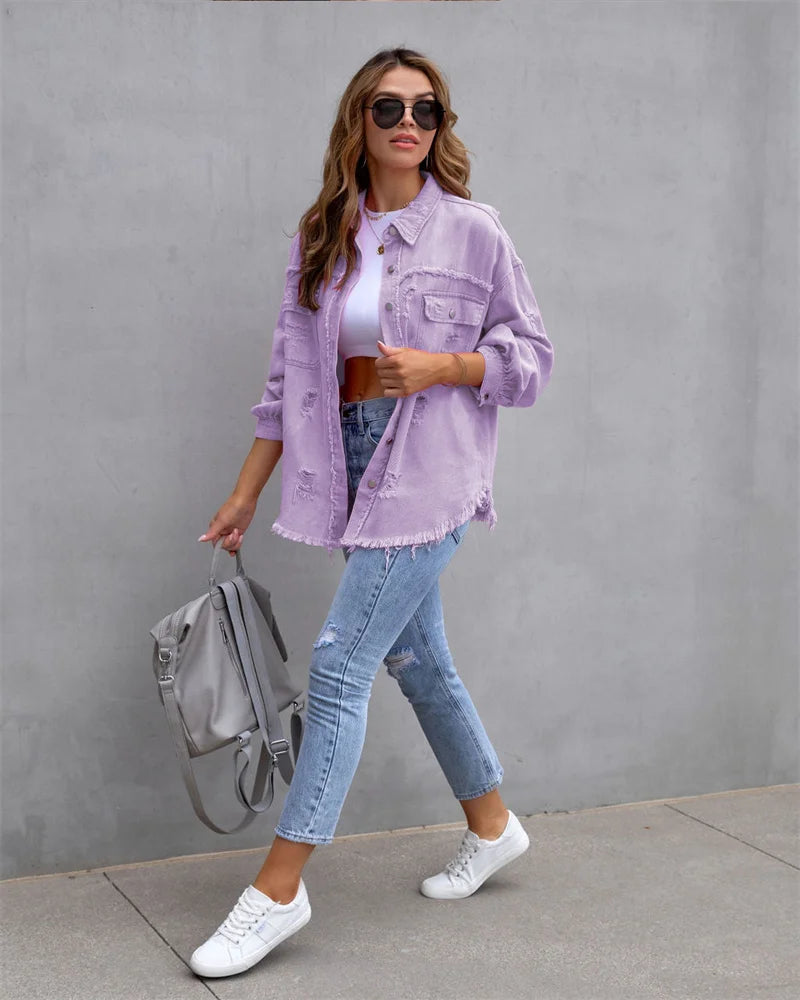 2025 Spring Autumn Shirt Style Denim Jacket Women Holes Raw-edges Jeancoat Casual Tops Female Oversize Loose Outerwear 7 Colors