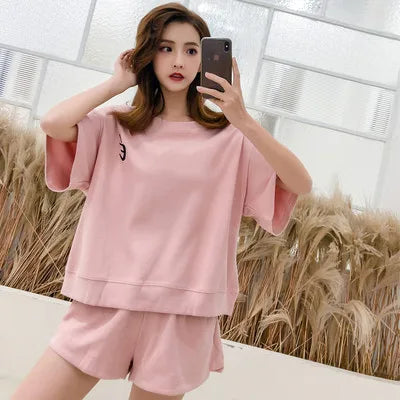 Red Two piece Cotton Women's Sportswear Set 2025 Summer New Round neck Short sleeved Top+Shorts Women Loose Casual Clothing