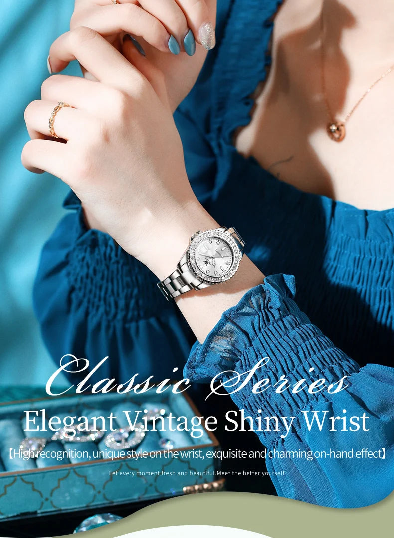 OLEVS Original Diamond Dial Quartz Watch for Women Fashion Elegant Ladies Watches Stainless Steel Waterproof Women's Wristwatch