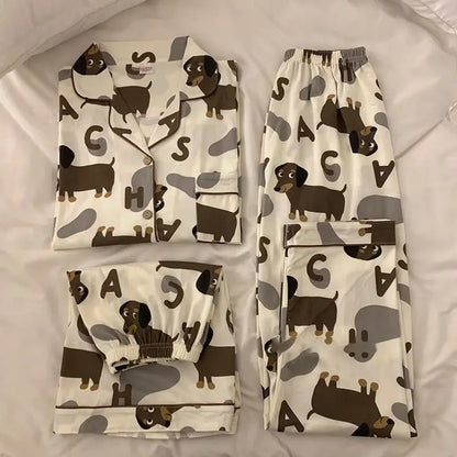 Spring Summer 2024 Cute Women's Pajamas Set Dachshund Print Cotton Two Pieces Short Sleeve Tops Full Length Pants Sleepwear 3991 Top shorts and pants