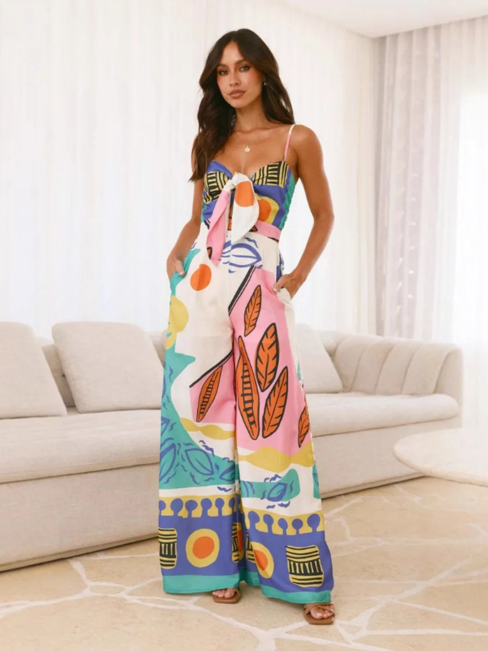 Jumpsuits for Woman Summer New Elegant Print Sleeveless Sling Tie A Knot Jumpsuits Fashionable Casual Loose Wide Leg Jumpsuit