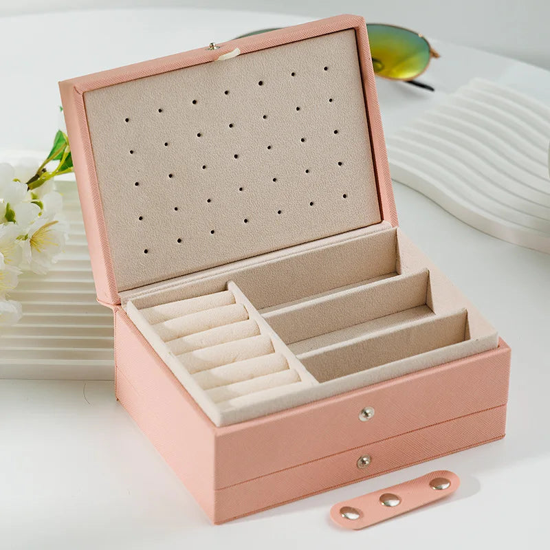 Fashion PU Leather Jewellery Storage Boxes Portable Travel Jewelry Box Necklace Earrings Ring Jewelry Organizer Display Case B-Pink