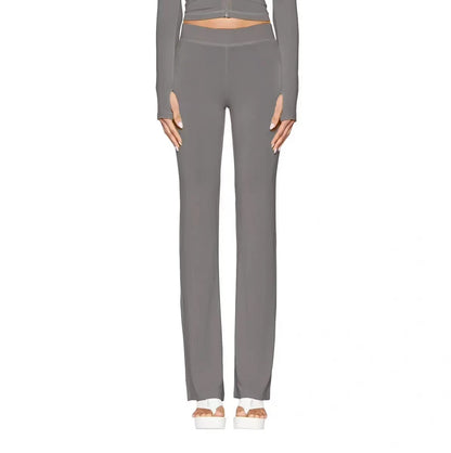 slim fit shoulder floral print bright line design slim fit hooded zipper short jacket pants for women grey pants