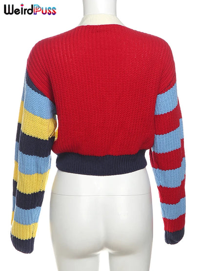 Weird Puss Y2K Cardigan Sweater Women Letter Print Casual Wild V-Neck Button Colorful Patchwork Street Trend Hipster Knit Coat