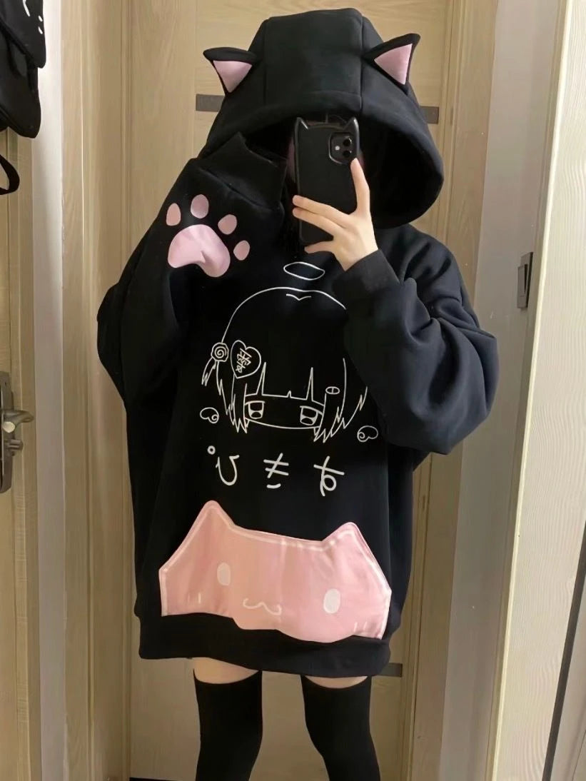 Japanese Cartoon Print Fleece Hoodies Women Harajuku Gothic Cat Ears Hooded Vintage Hoody Streetwear Y2k Aesthetic Sweatshirt