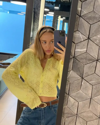 Tossy Summer Knitwear Hollow Out Cardigan Female Long Sleeve Casual Cropped Top Patchwork See-Through Knit Cardigan Outwear 2025