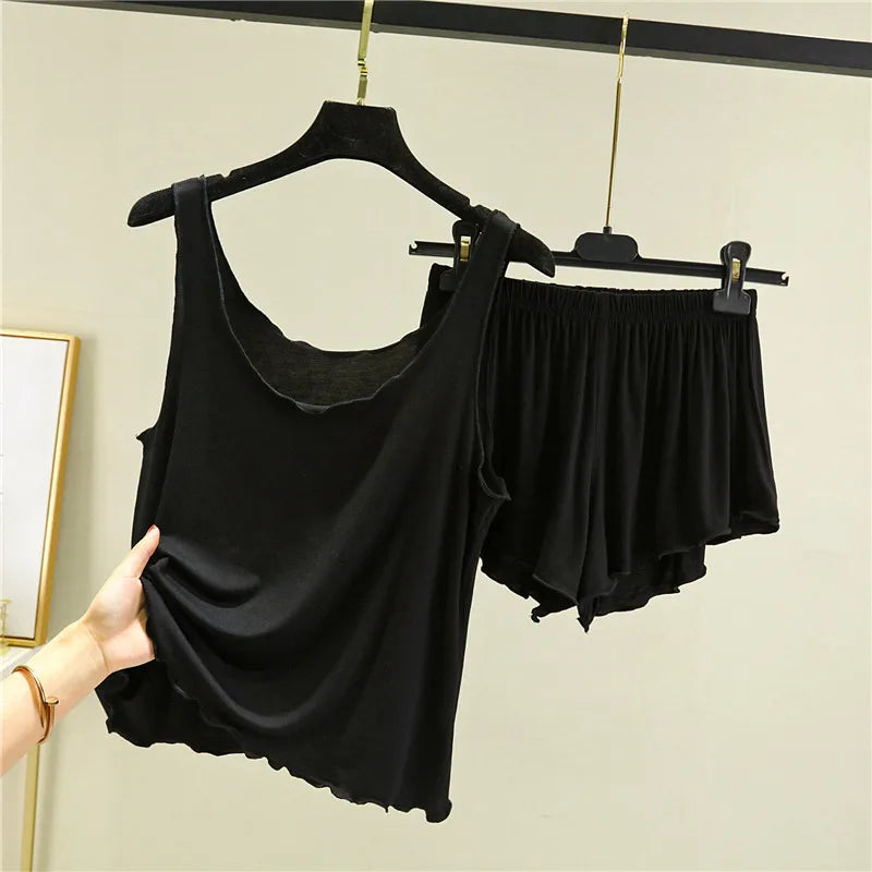 Casual Pyjama Pour Femme Summer Modal Tank Top Shorts Two-Piece Set Round Neck Sleeveless Home Wear Clothes Women Pajamas Suit black
