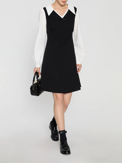 DUSHU Women Autumn Long SLeeve Dresses Office Lady Temperament Polo Neck A-LINE Long Dress Fake Two Patchwork Dress 24DS83358