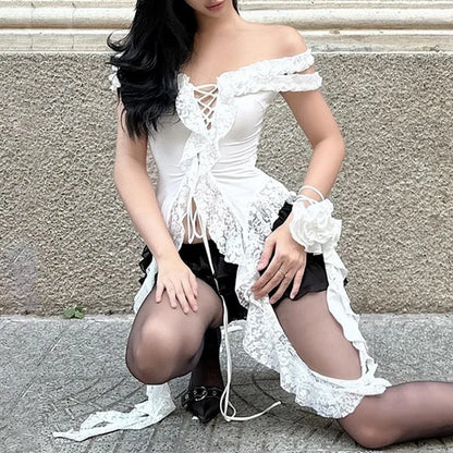 Hollow Out Lace Crop Top Women Sexy Off Shoulder Bodycon Bandage Slim Tank Tops Ladies 2024 Folds Lace-up T-shirts Femme