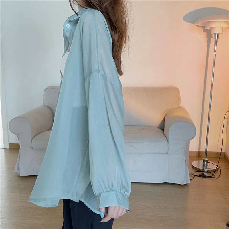 Semi Sheer Long Sleeve Shirt for Women Shimmer Button Down Collared Plain Lightweight Shirt Spring Summer Chic Tops Outfit