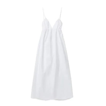 Women's Backless Midi Dress Waistband V Neck Solid Pullover High Waisted Loose Fitting Camisole A-line Skirt New Fashion Dresses Beige