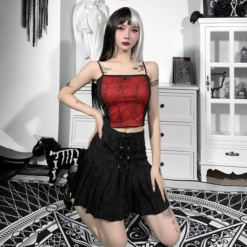 Gothic Cami Tops Y2K Aesthetic Grunge Mall Goth Crop Top Mesh Spider Net Lace Tank Lace Top E-girl Harajuku Slim Tees