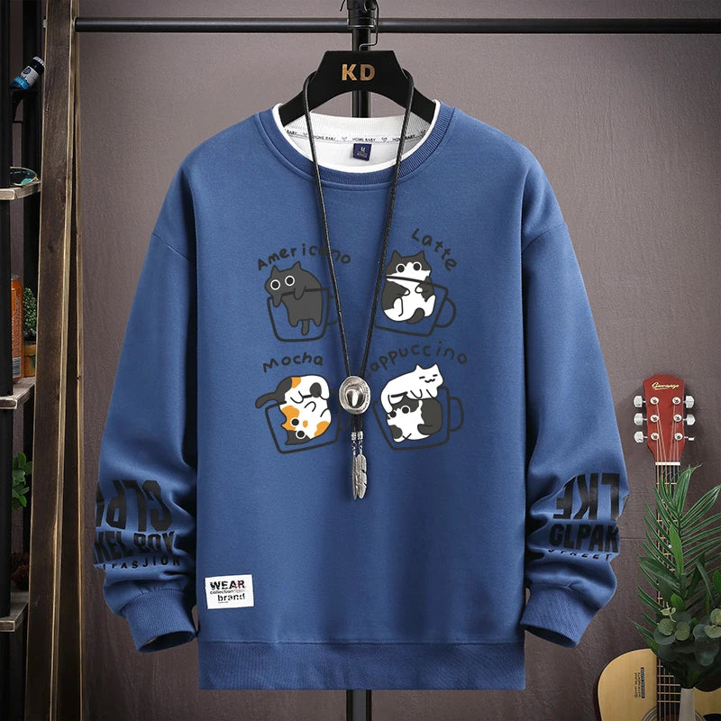 Spring Men's Sweatshirt Japan Cartoon Cats Printed Long Sleeve T-shirt Fashion Men's Clothing Khaki O Neck Harajuku Top 2024 New